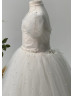 Cold Shoulder Ivory Pearls Tulle Flower Girl Dress